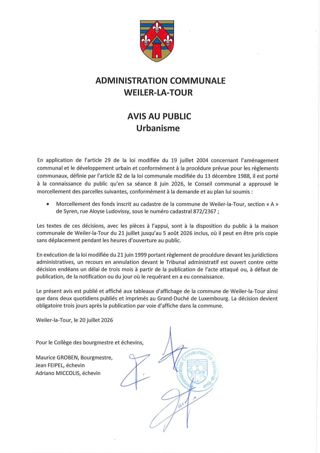 260715_Avis d'urbanisme_Morcellement_rue Aloyse Ludovissy_SYR