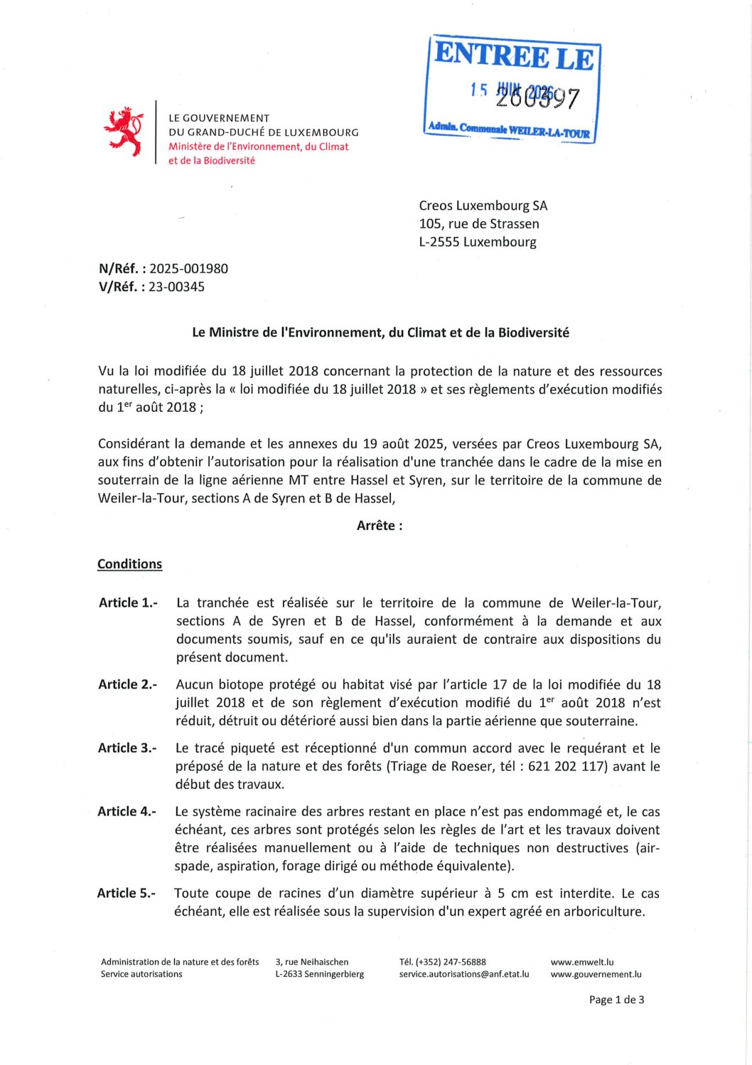 Autorisation 2025-001980 réalisation d'une tranchée pour la mise en souterrain de la ligne aérienne MT entre Hassel et Syre