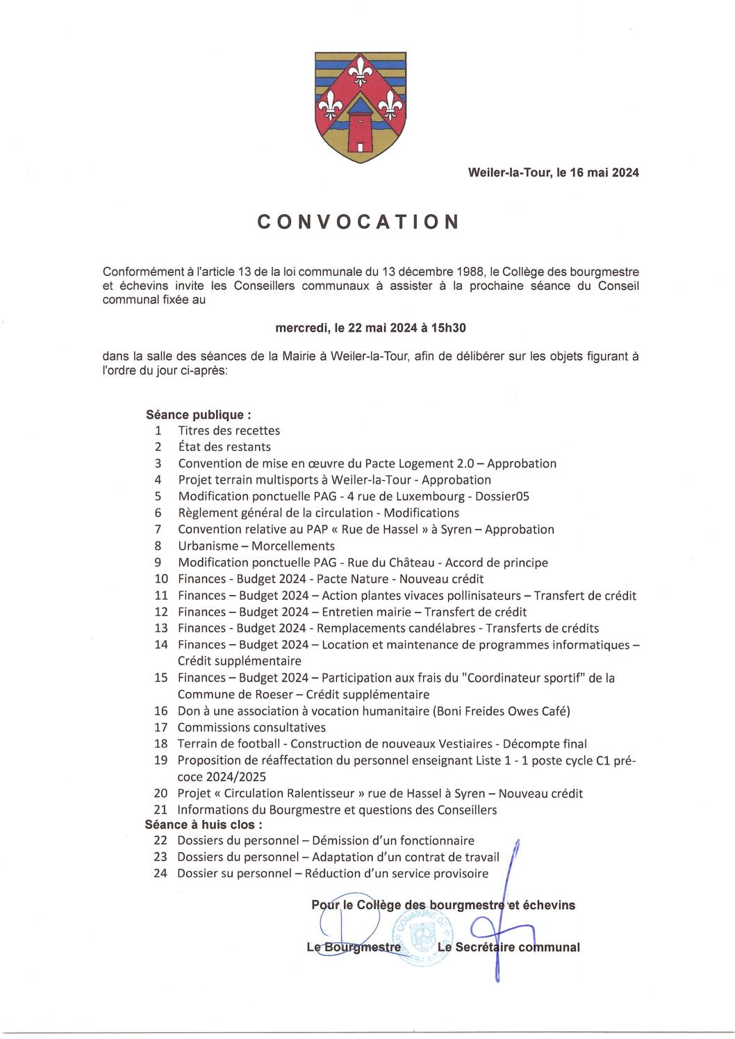 Convocation et Ordre du jour - Séance CC du 22.05.2024