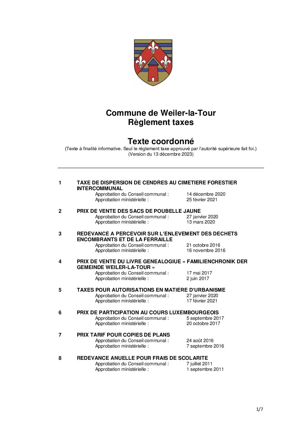 Règlement taxes de la commune de Weiler-la-Tour - Texte coordonné - 13.12.2023