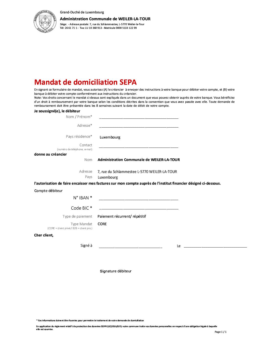 Mandat de domiciliation SEPA