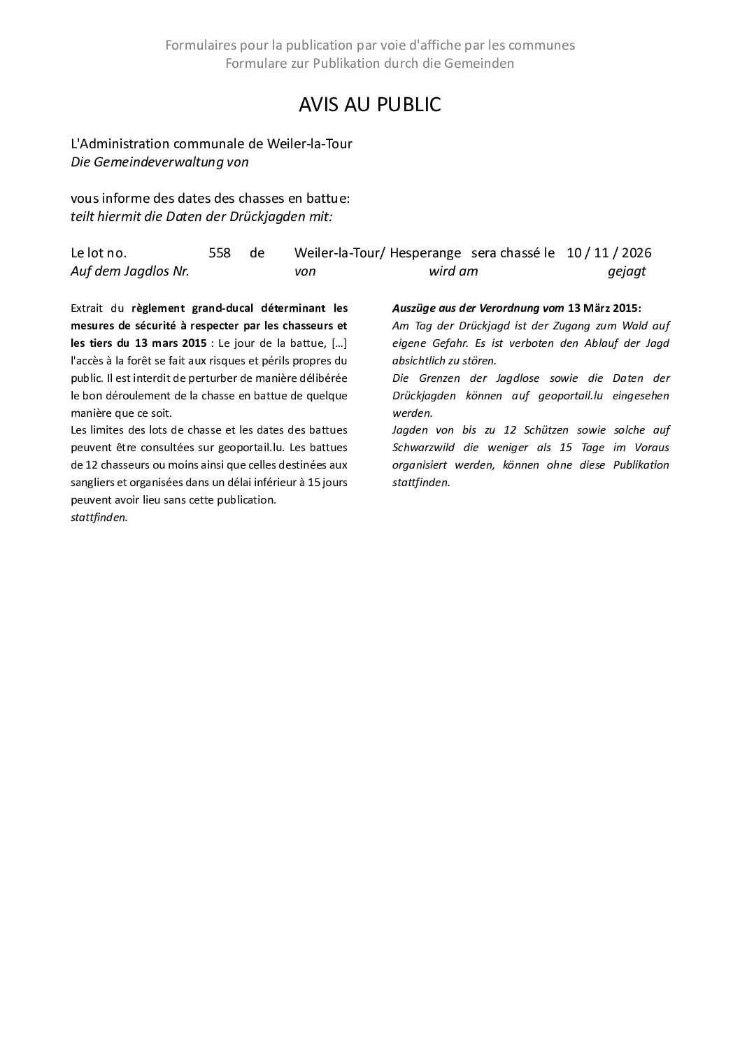Avis au public - Chasse en battue - Lot n° 558 - 10.11.2026