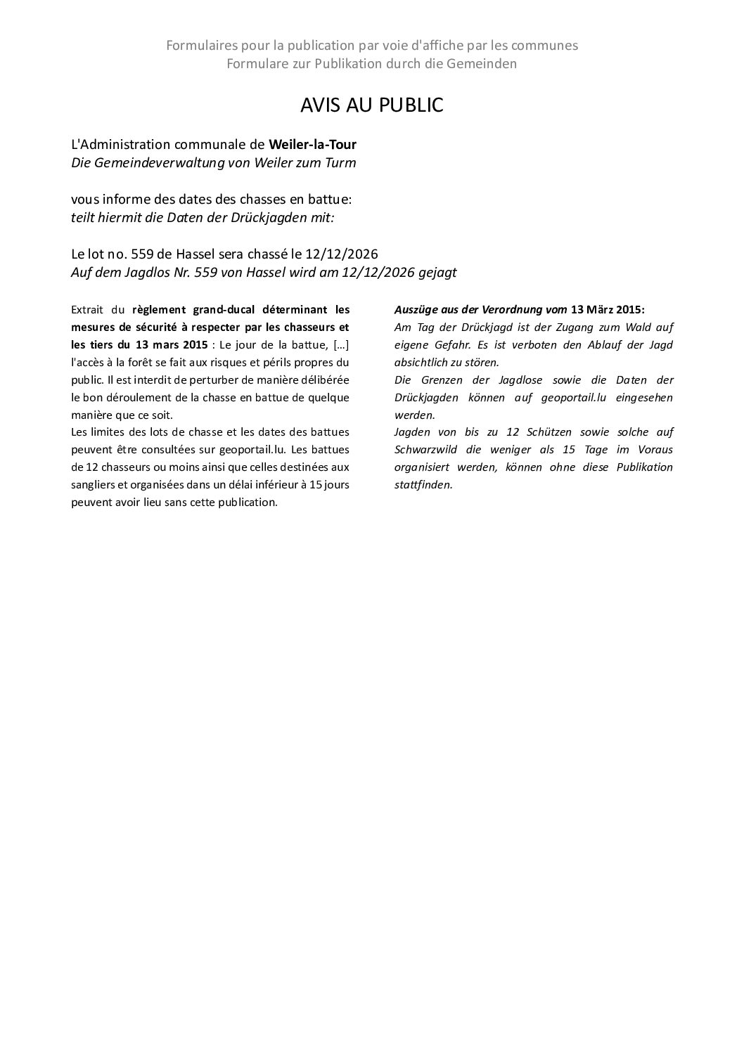 Avis au public - Chasse en battue - Lot n° 559 - 12.12.2026