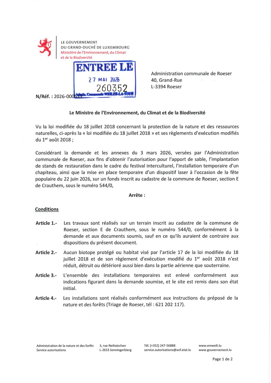 2026-000533_Autorisation pour différents travaux dans le cadre de différents fêtes à Roeser