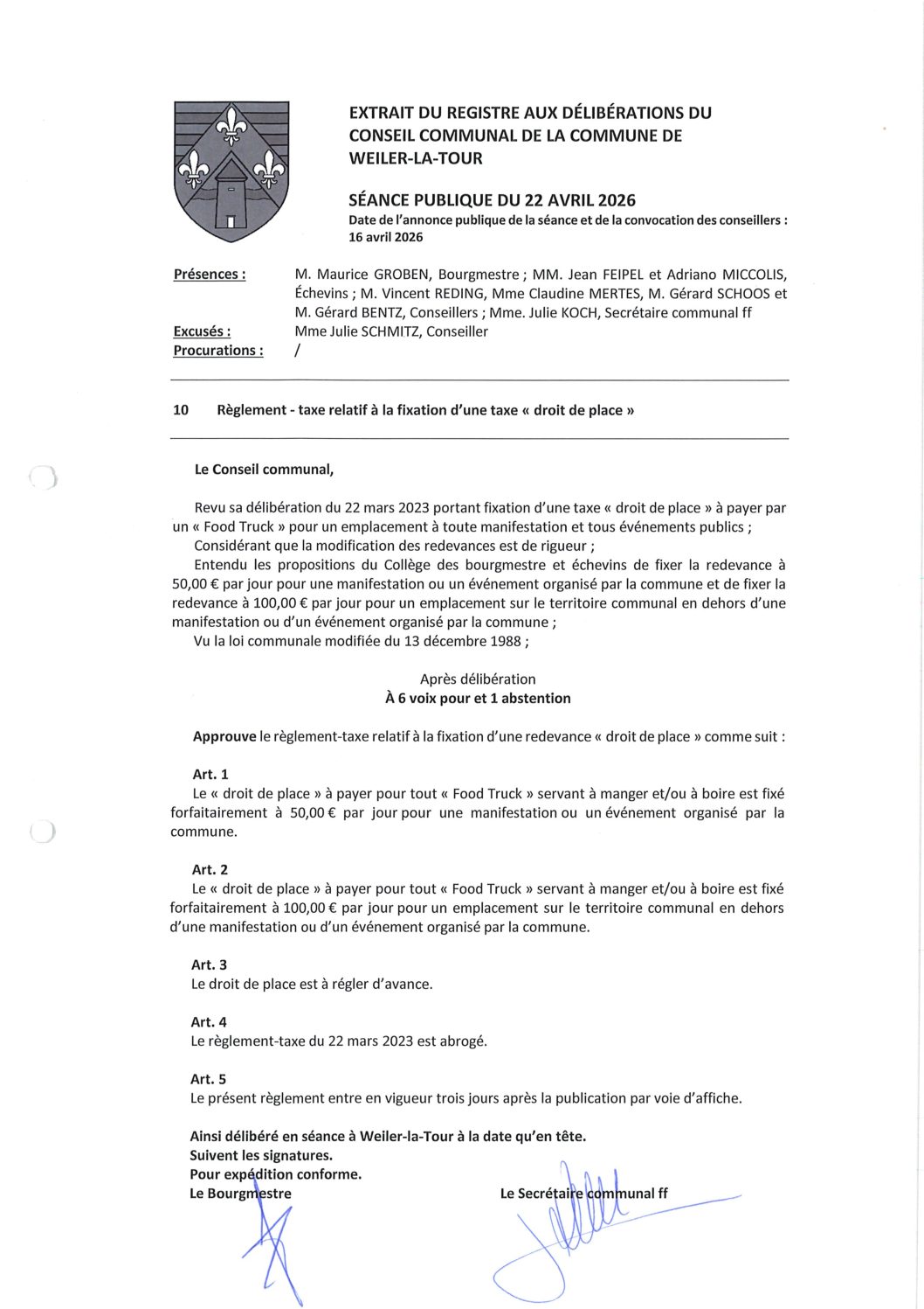 Règlement- taxe relatif à la fixation d'une taxe "droit de place"