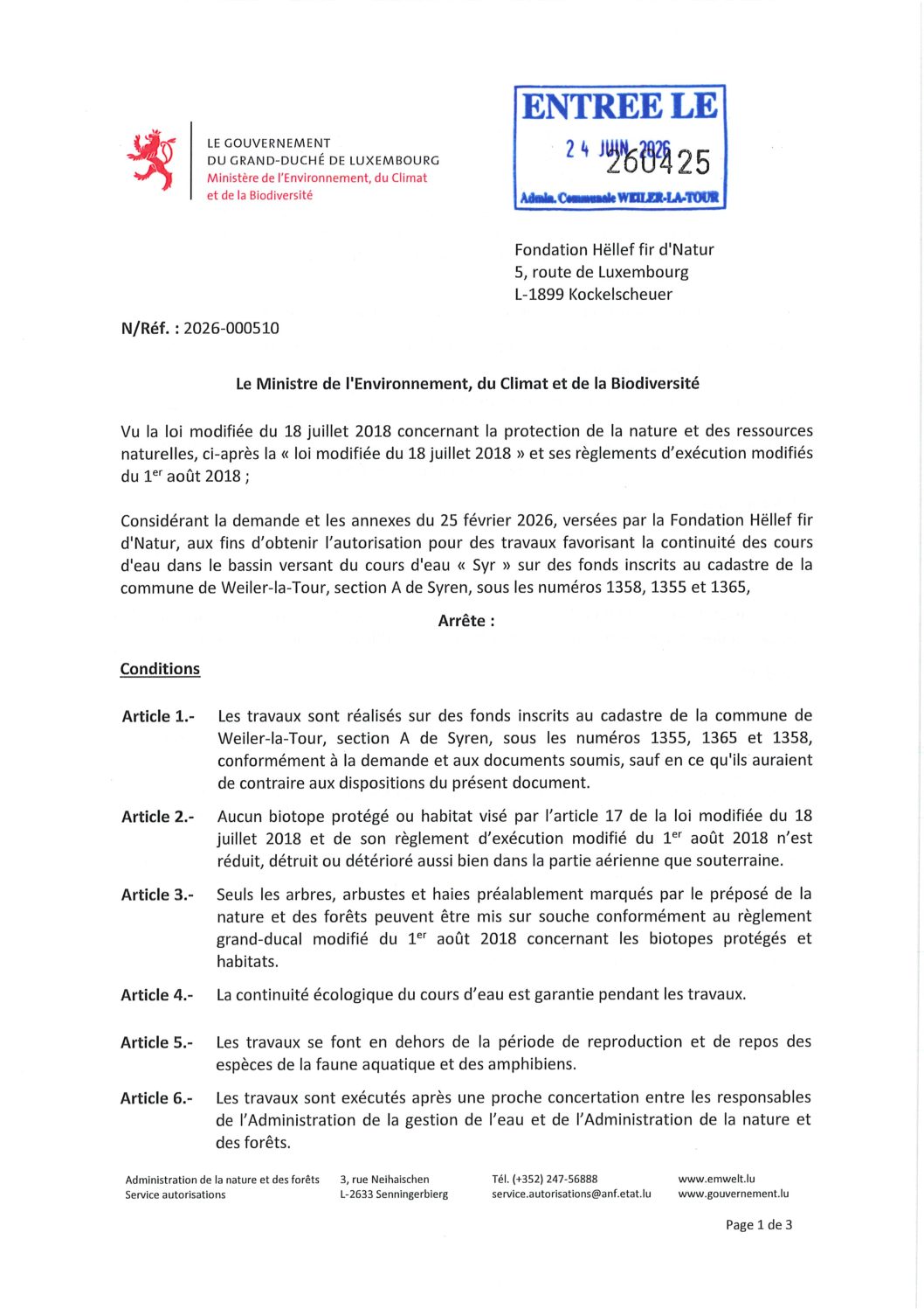 2026-000510_Autorisation travaux favorisant la continuité cors d'eau dans le bassin du cors d'eau Syr à Syren