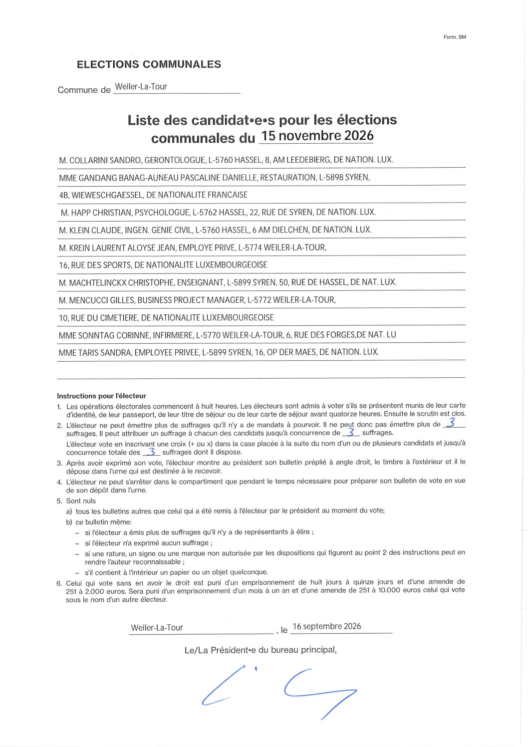 Liste des candidats pour les élections du 15.11.26