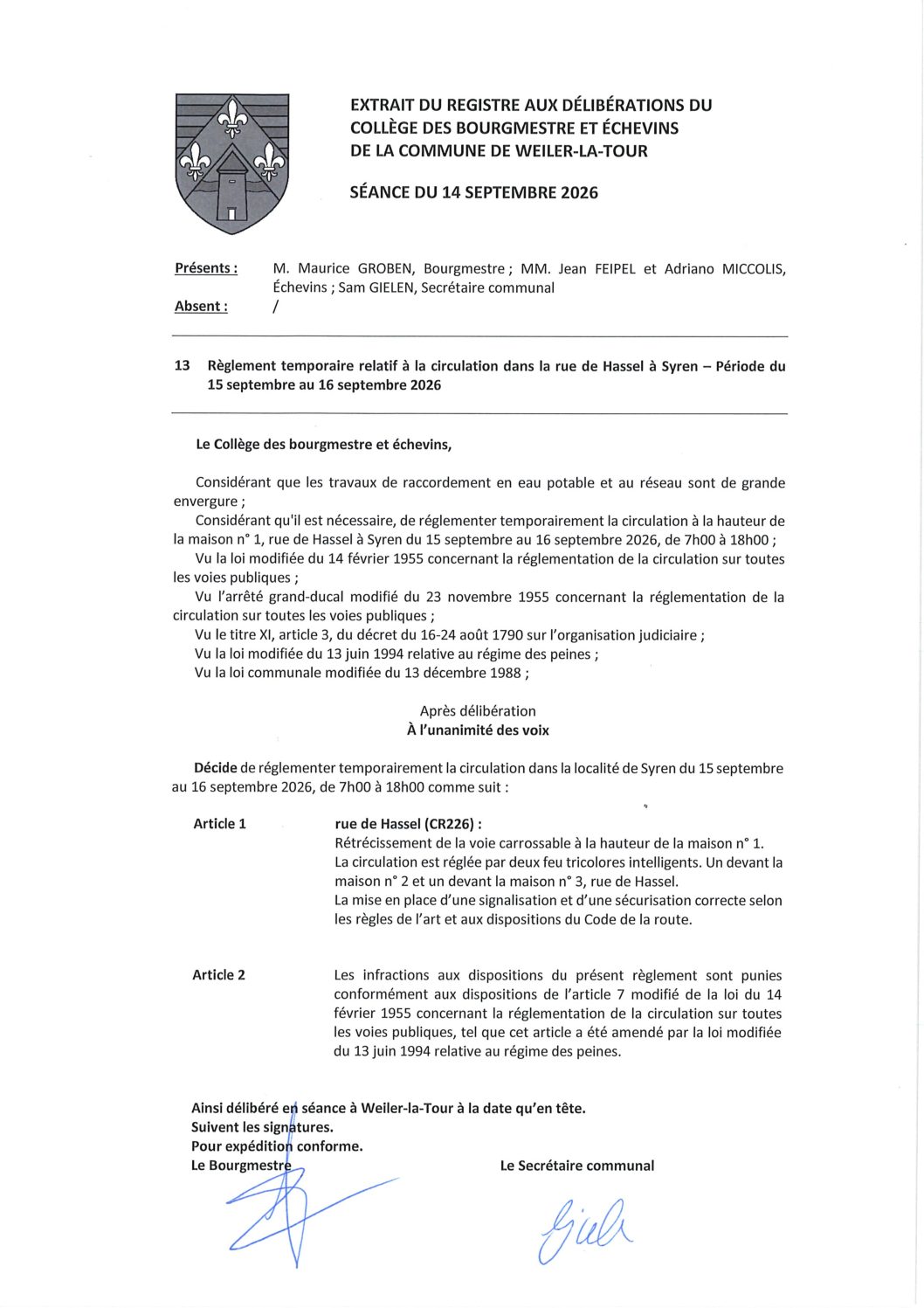 règlement temporaire de la circulation-rue de Hassel à Syren