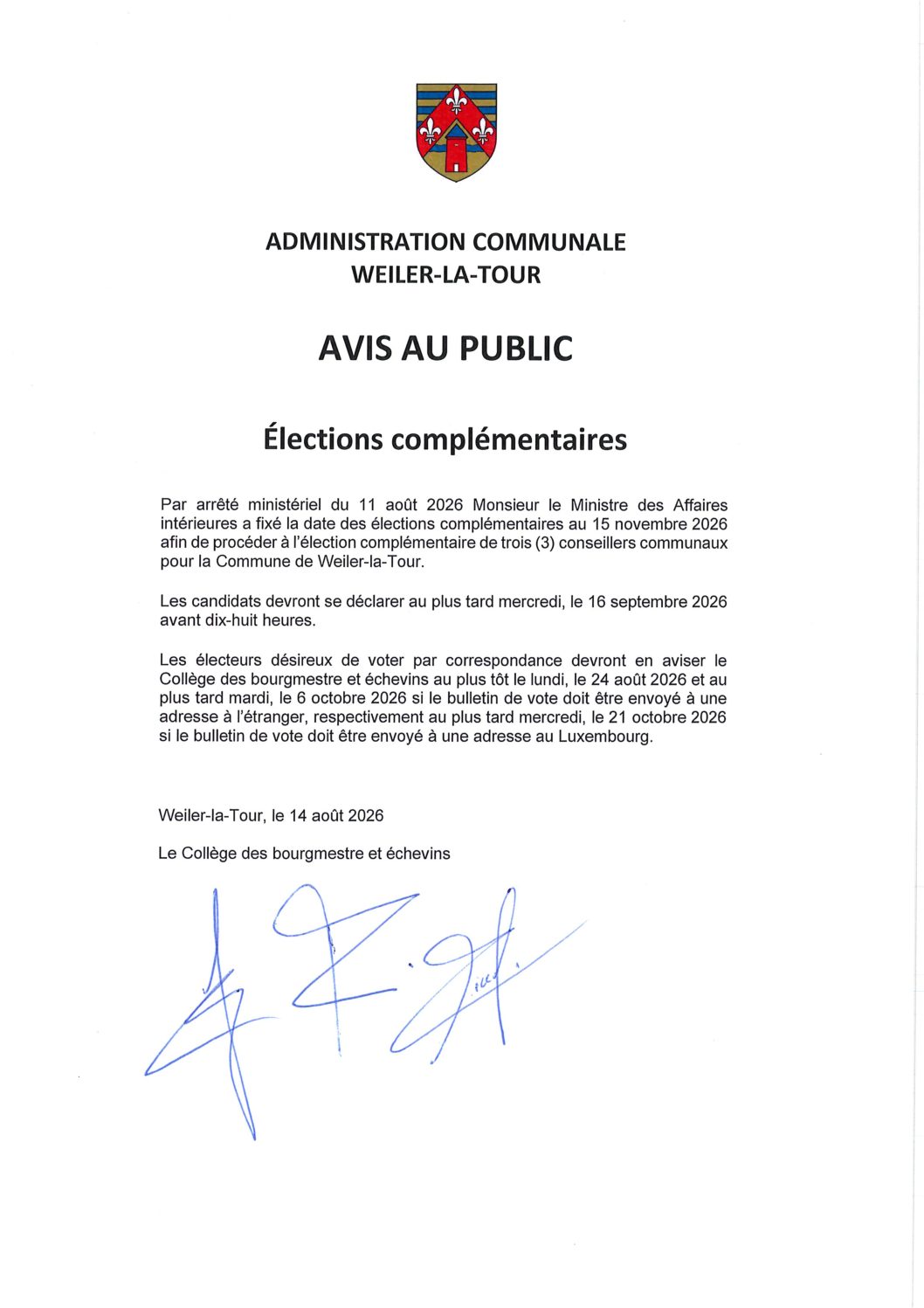 Avis au public - Élections complémentaires