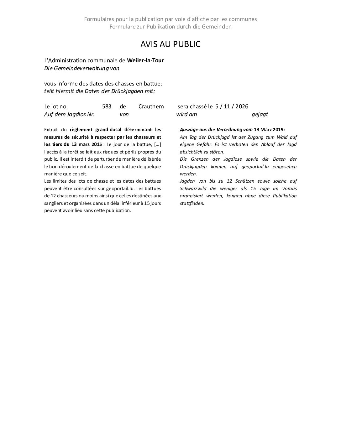 Avis au public - Chasse en battue - Lot n° 583 - 5.11.2026