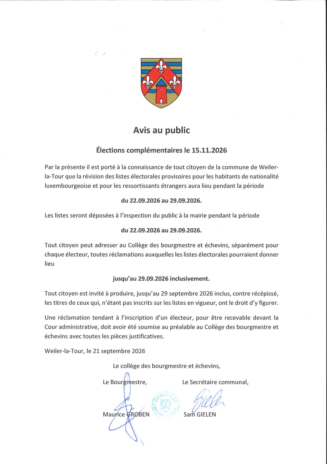 Avis au public - liste électorale provisoire